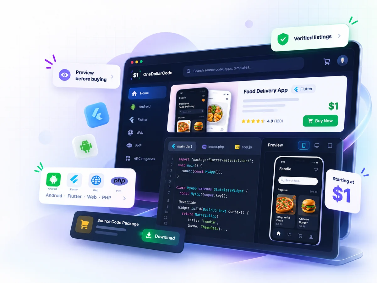 OneDollarCode source code marketplace with Android, Flutter, Web and PHP projects